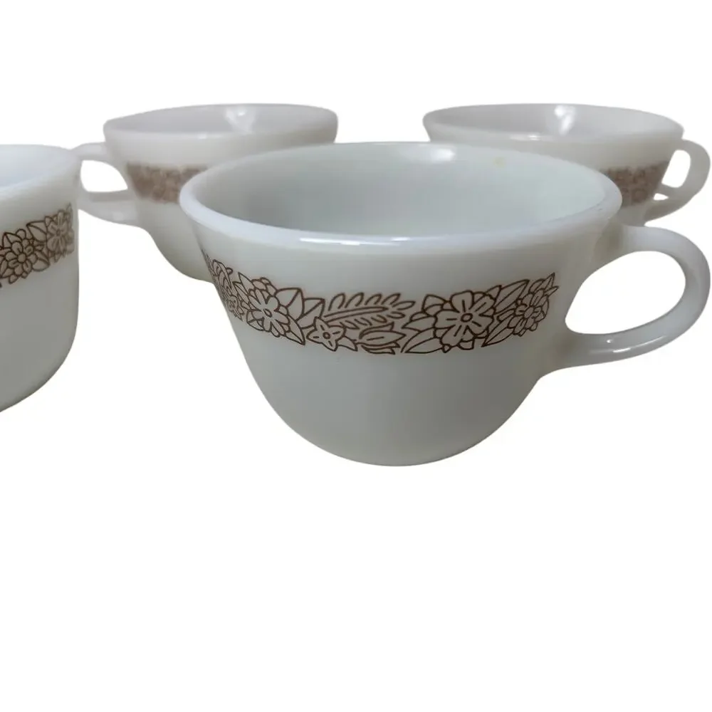 Vintage PYREX Corning USA Woodland‎ Brown Floral Milk Glass Tea Coffee Cups 4